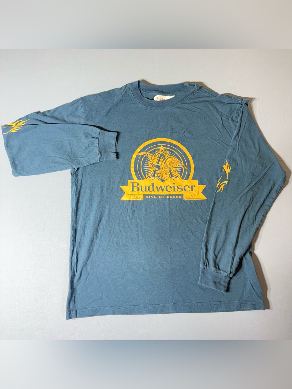 Budweiser Men's Long Sleeve Logo Shirt in Blue with Yellow Print